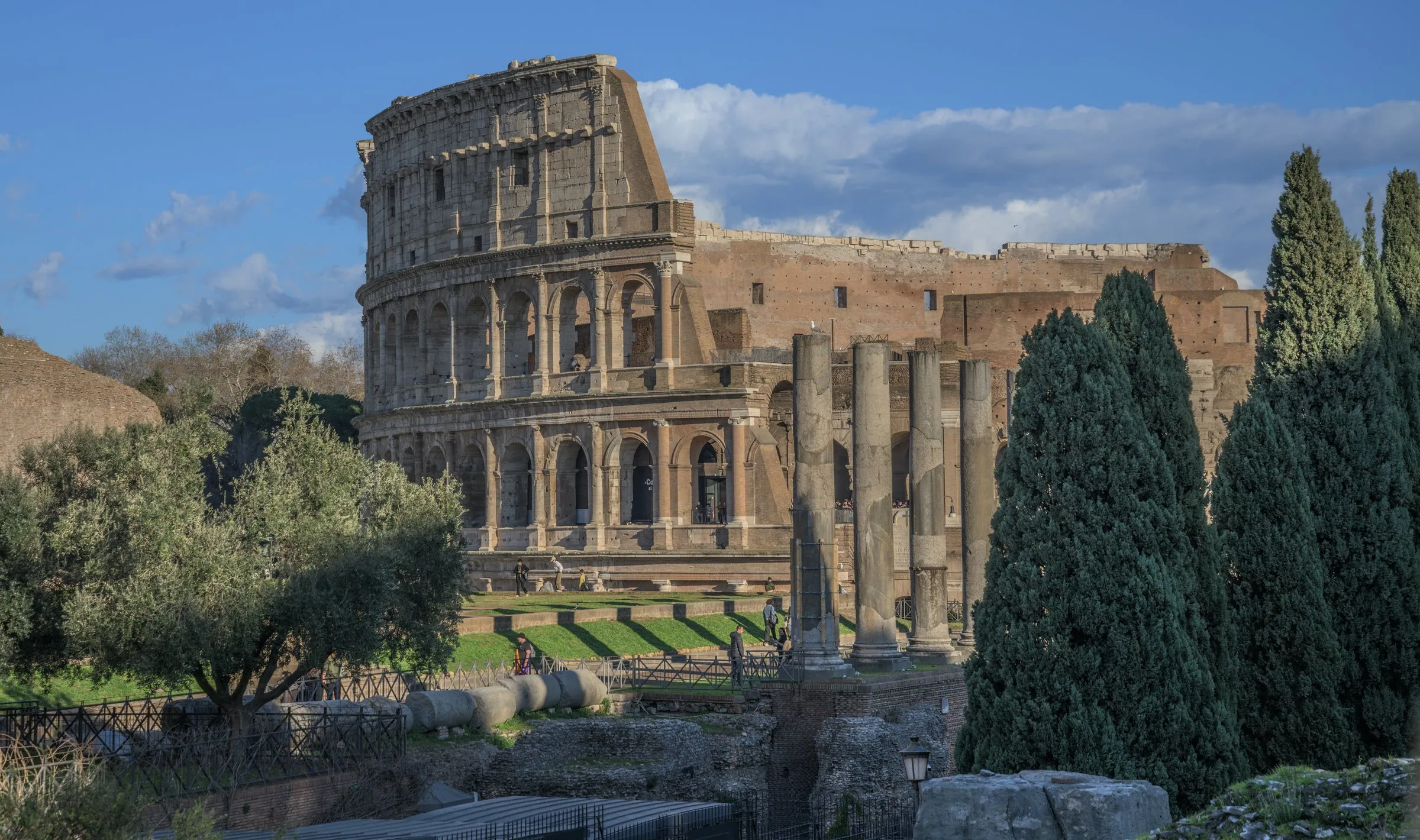 Das Kolosseum in Rom im Abendlicht, davor drei antike Säulen, Zypressen und Rasenflächen am Rand des Forum Romanum